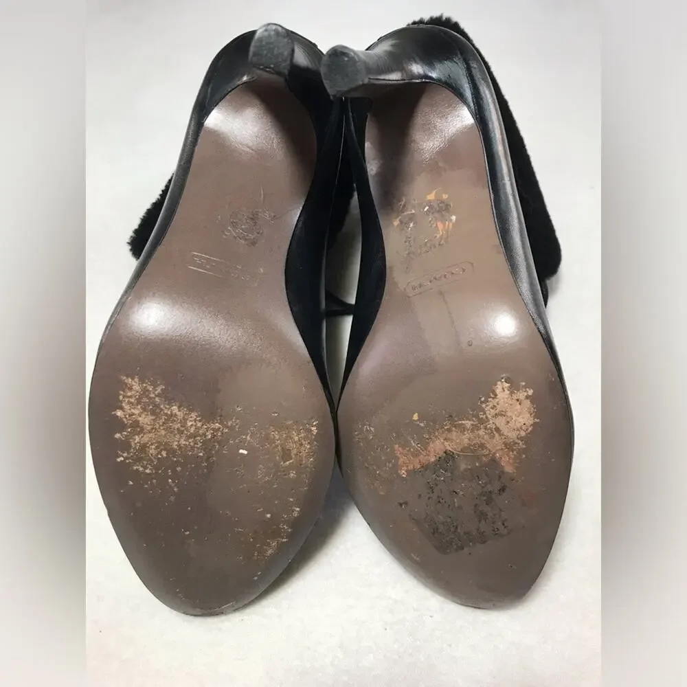 Coach black leather malia 7.5 cuff shearling tie up heels stiletto sexy lace up